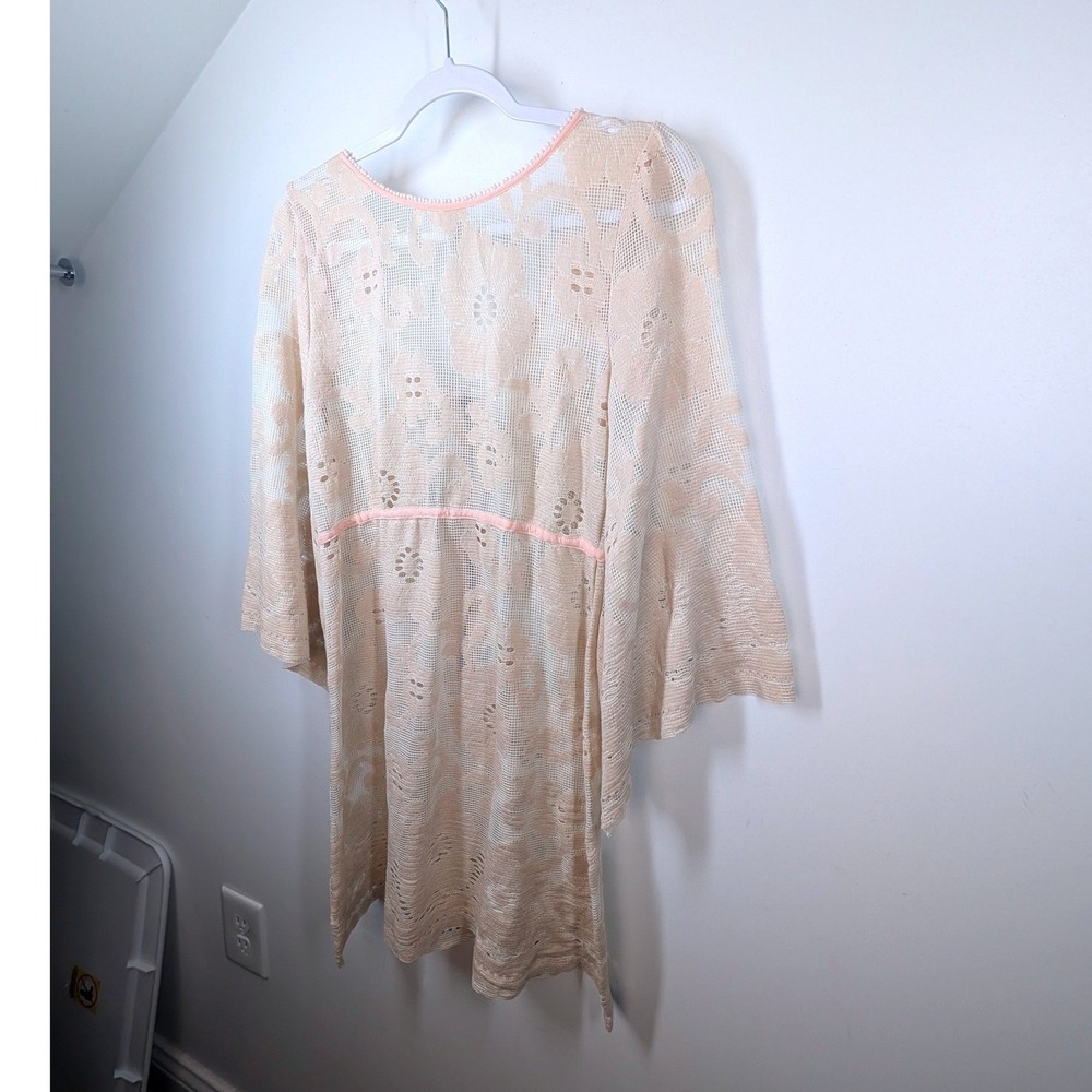 Free People Cream Pink Floral Lace Bell Sleeve Zip Front Mini Dress Tunic Medium - Picture 6 of 7